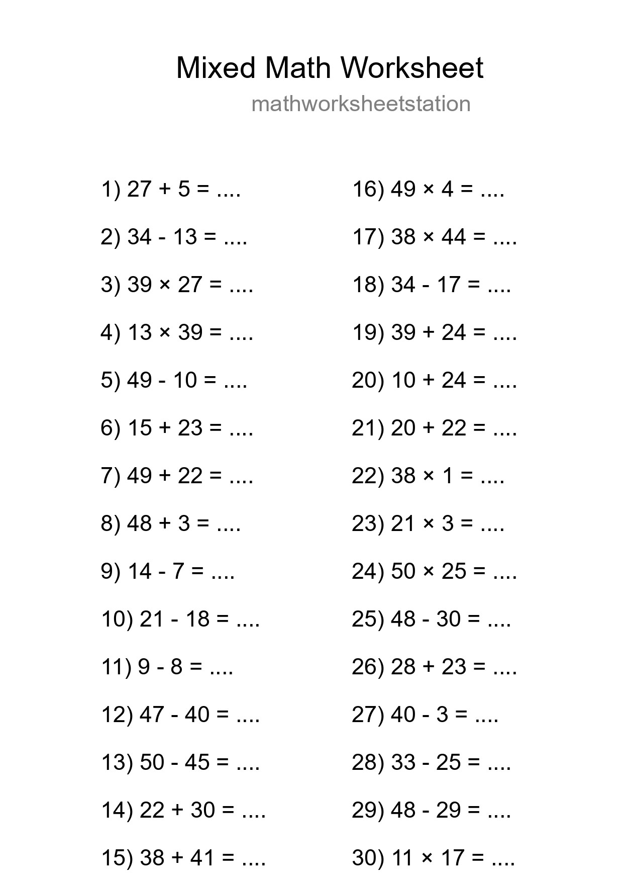 Mixed Operations Math Worksheet