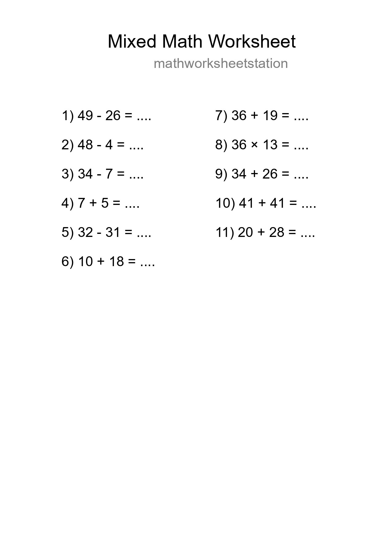 Mixed Operations Math Worksheet