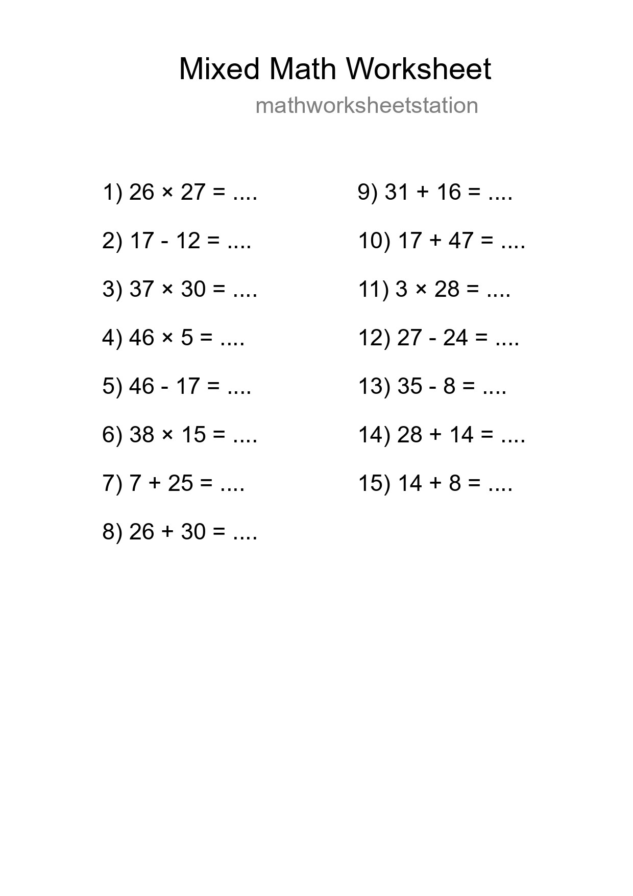 Mixed Operations Math Worksheet