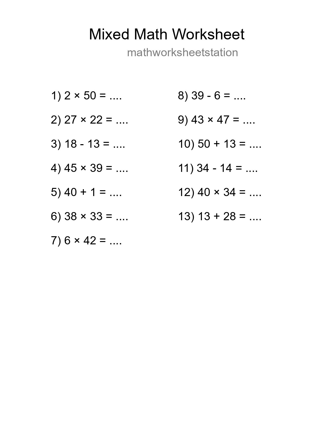 Mixed Operations Math Worksheet