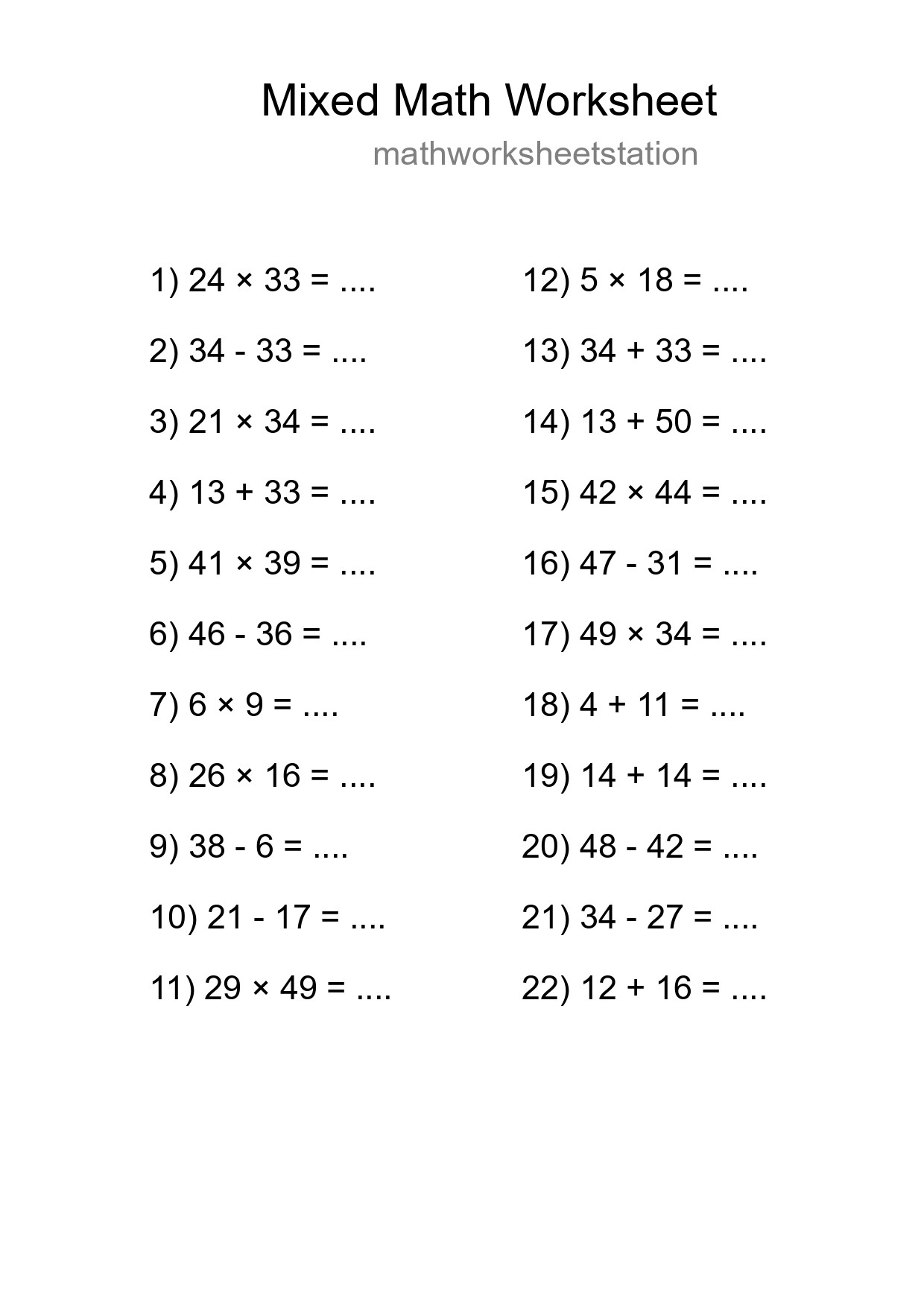 Mixed Operations Math Worksheet