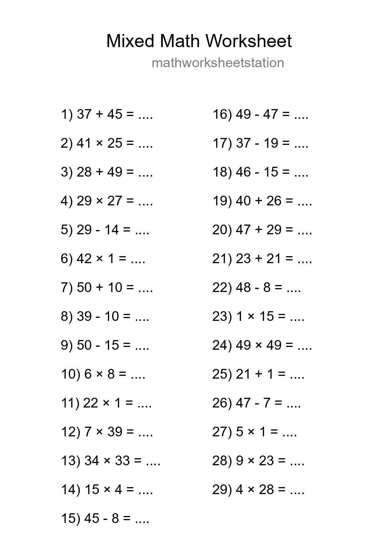 Mixed Operations Math Worksheet