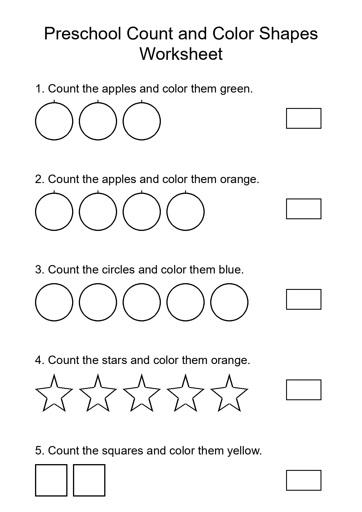Preschool Count and Color Shapes Worksheet