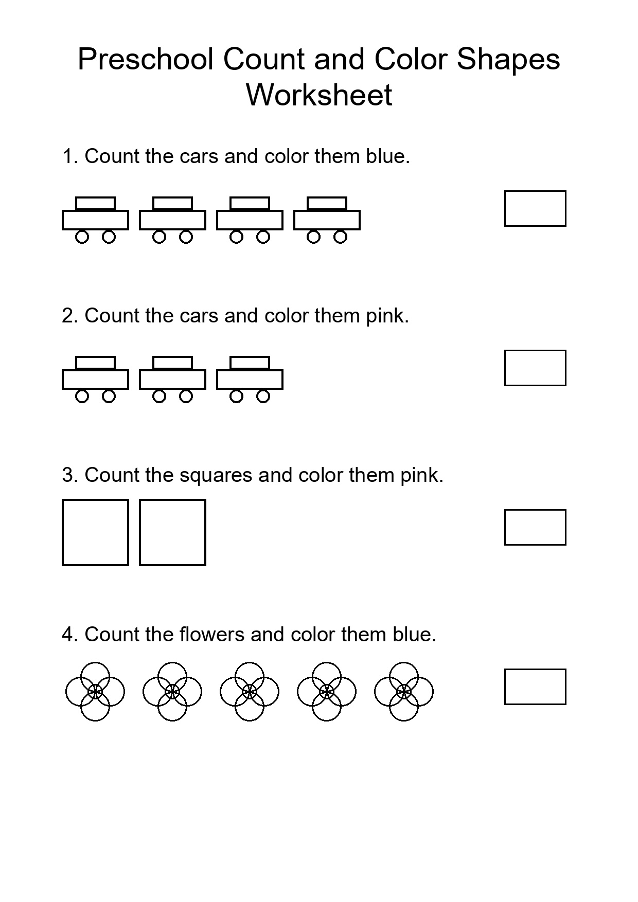 Preschool Count and Color Shapes Worksheet