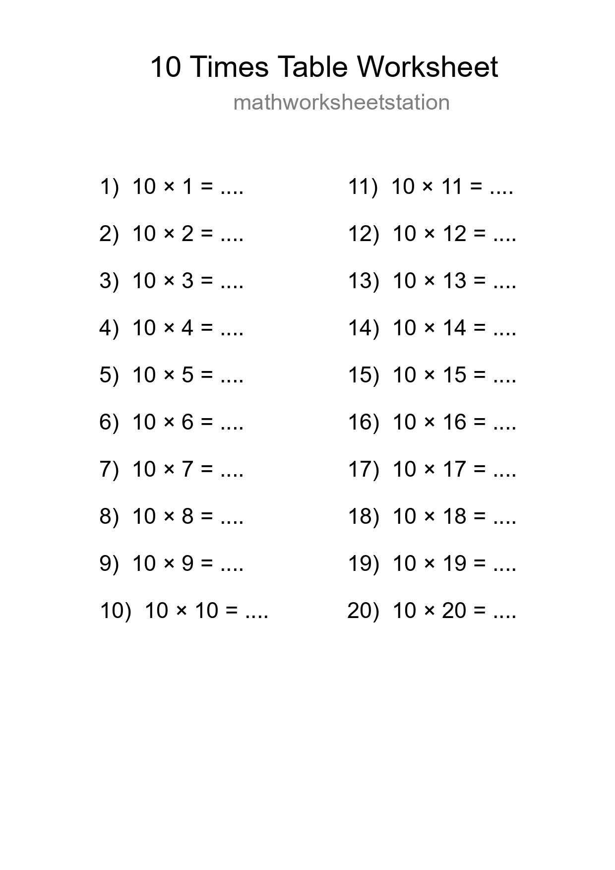 Printable 10 Times Table Worksheet For Grade 3 - Part 99