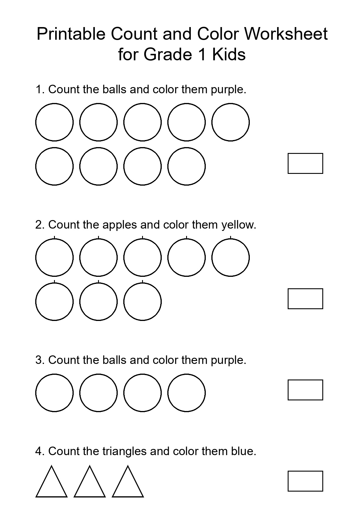 Printable Count and Color Worksheet for Grade 1 Kids