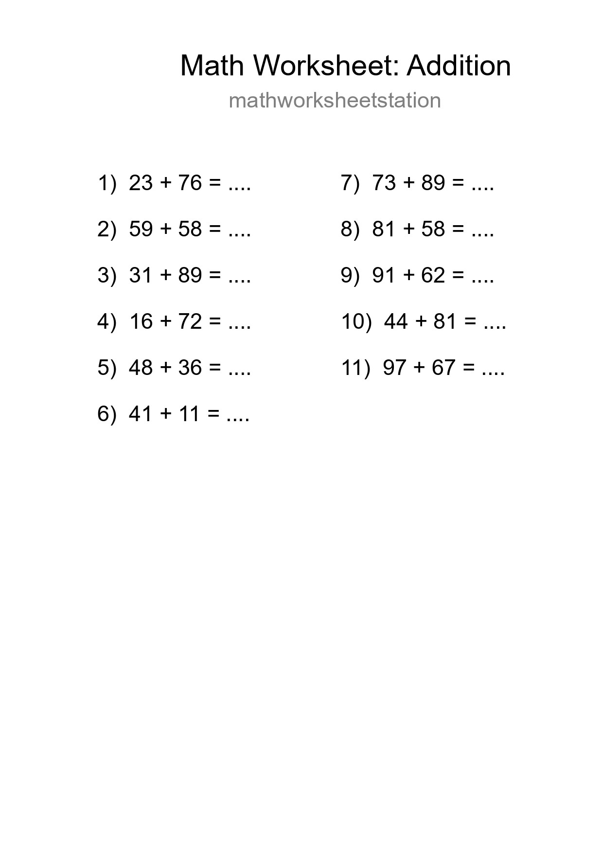 Printable Free 11 Addition Math Worksheet For Grade 3 - Part 21