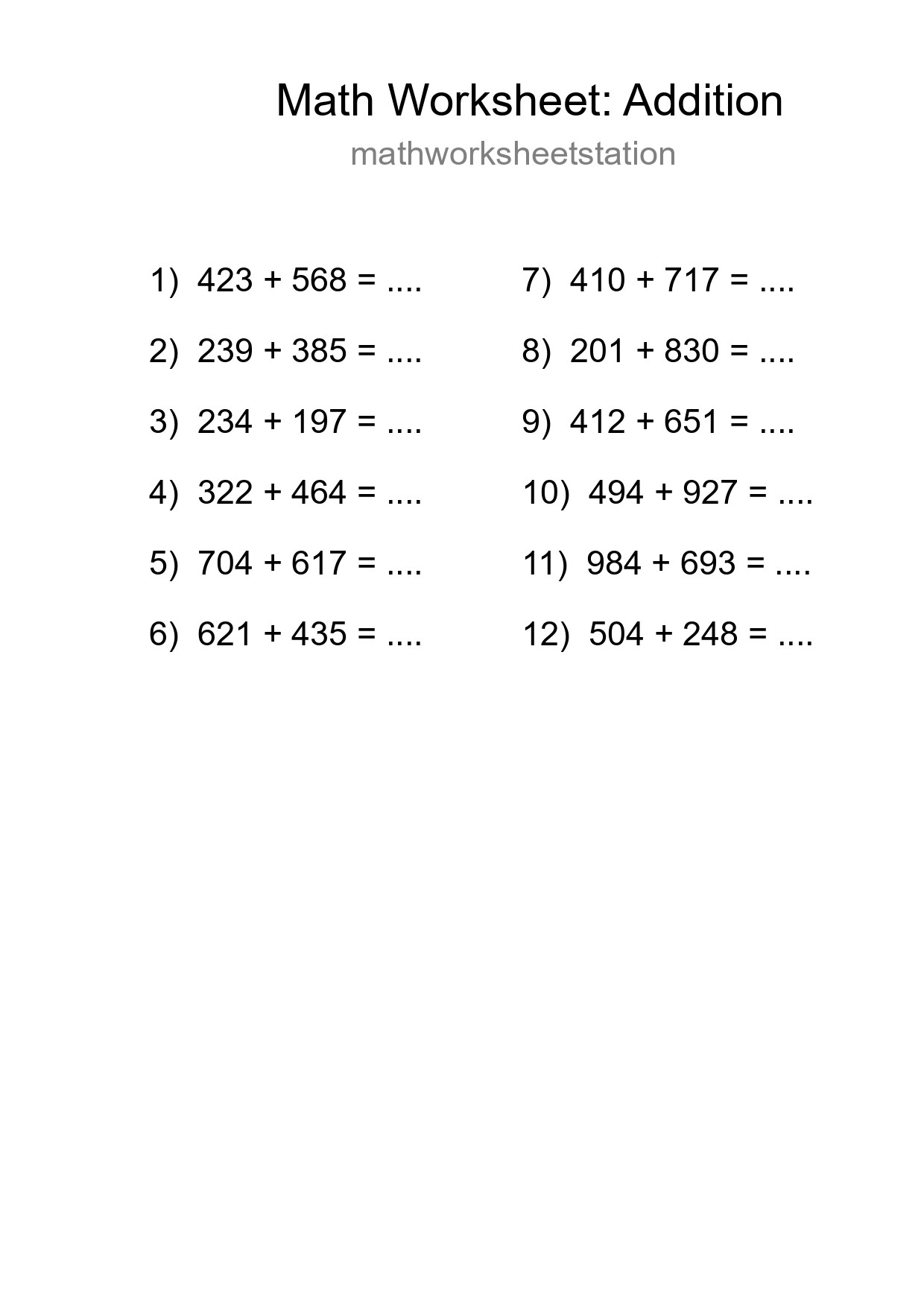 Printable Free 12 Addition Math Worksheet For Grade 5 - Part 191
