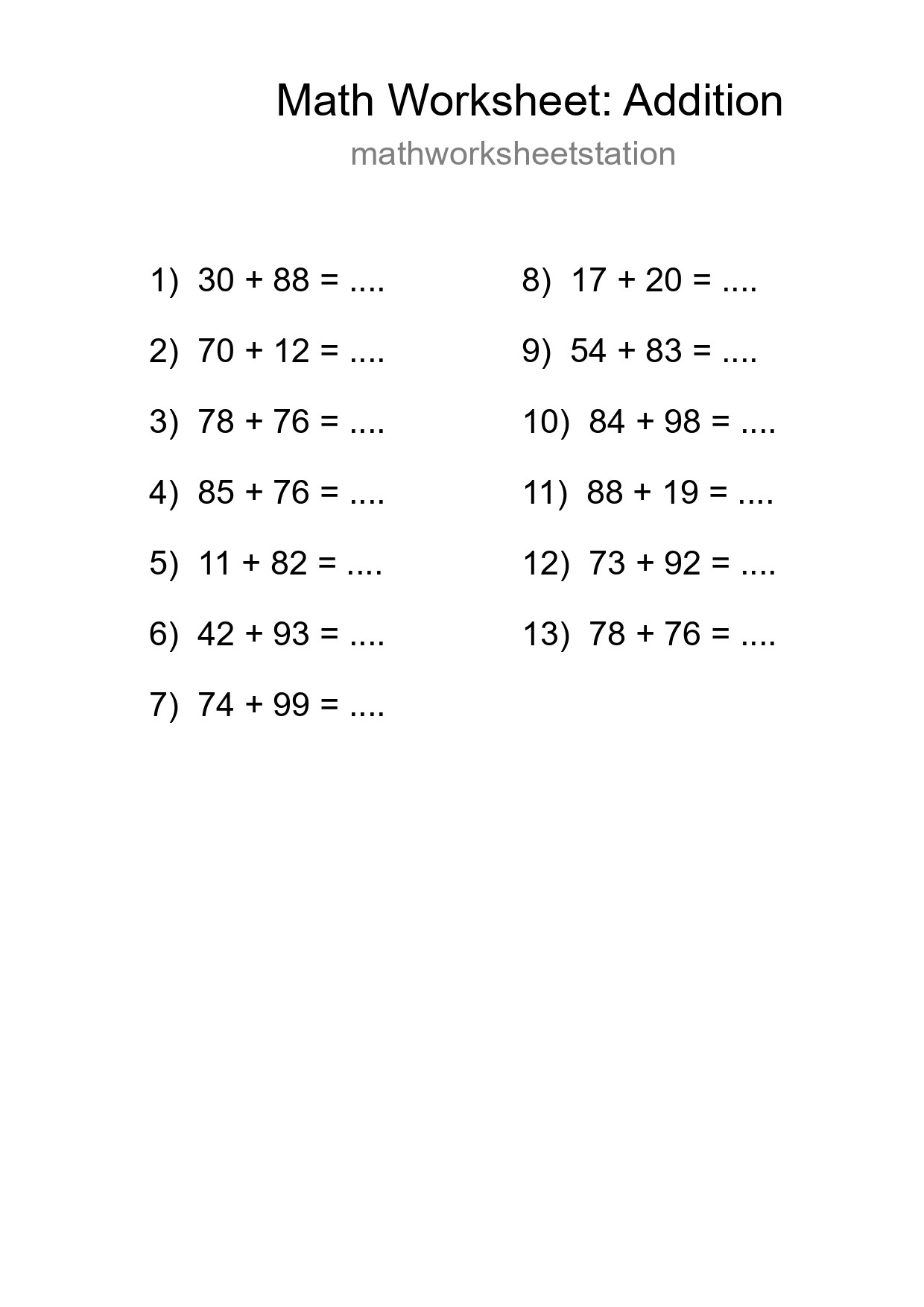 Printable Free 13 Addition Math Worksheet For Grade 3 - Part 121