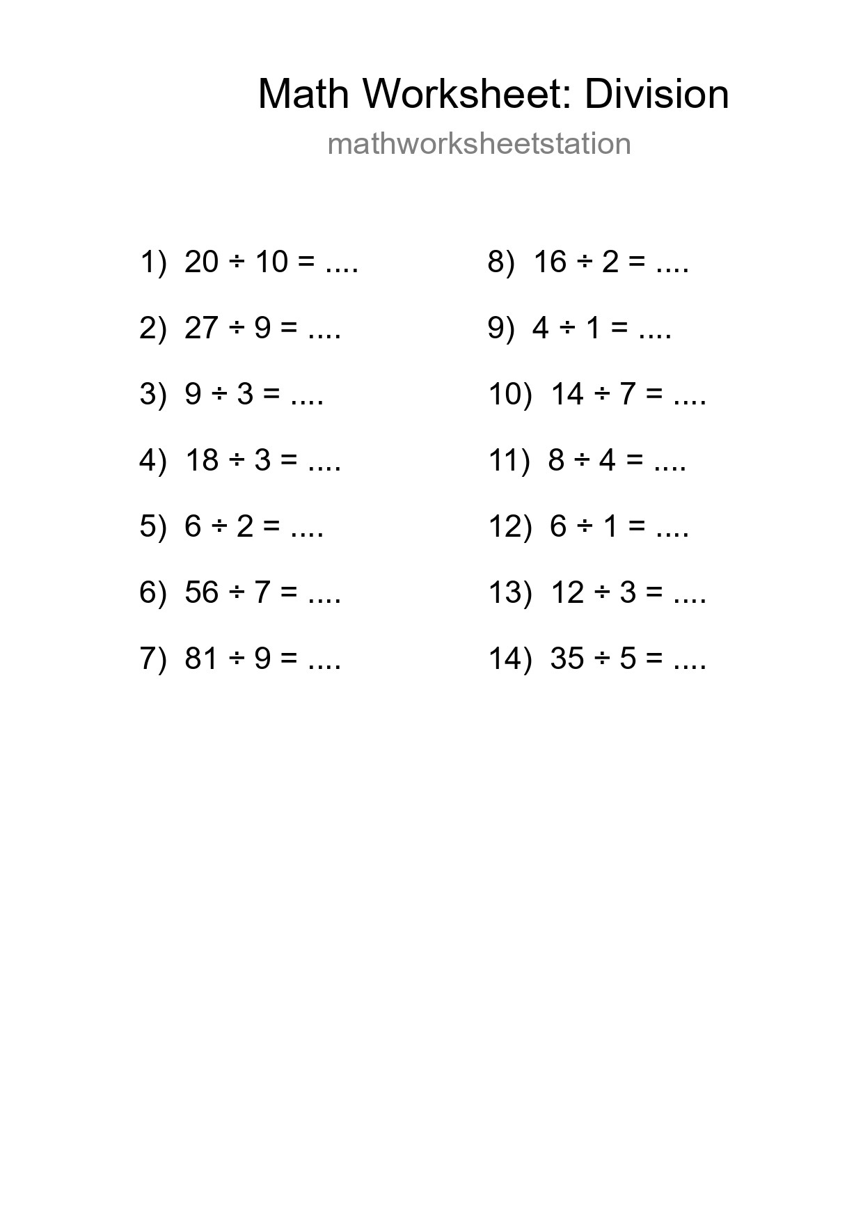 Printable Free 14 Division Math Worksheet For Grade 1 - Part 274