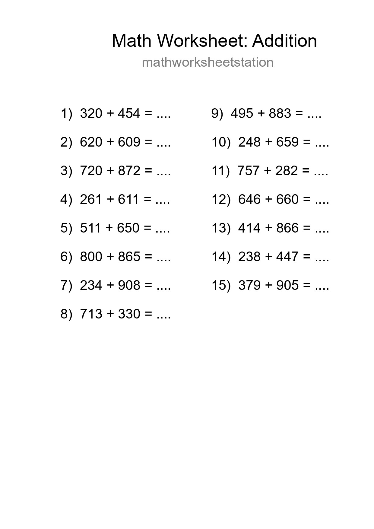 Printable Free 15 Addition Math Worksheet For Grade 5 - Part 271