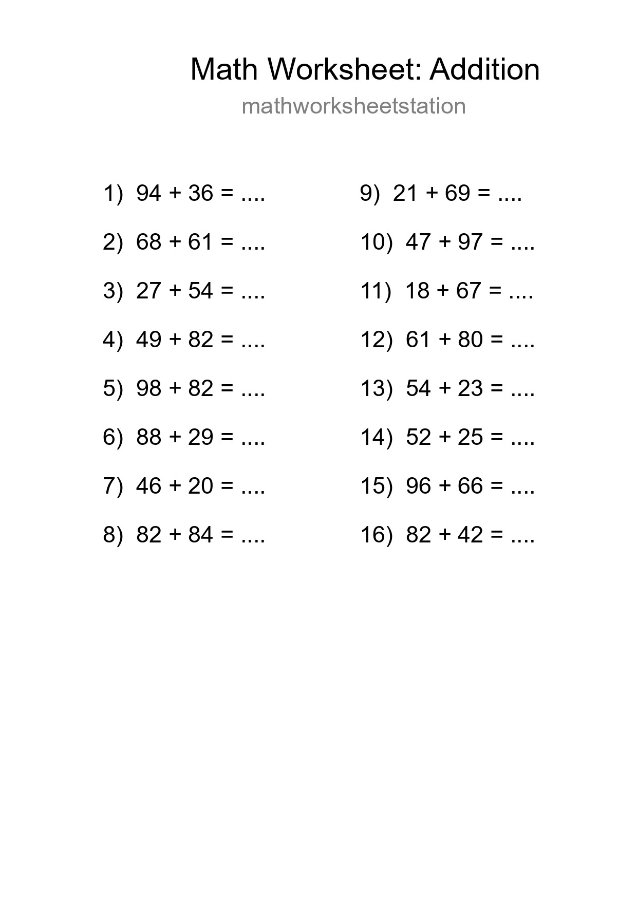 Printable Free 16 Addition Math Worksheet For Grade 3 - Part 211