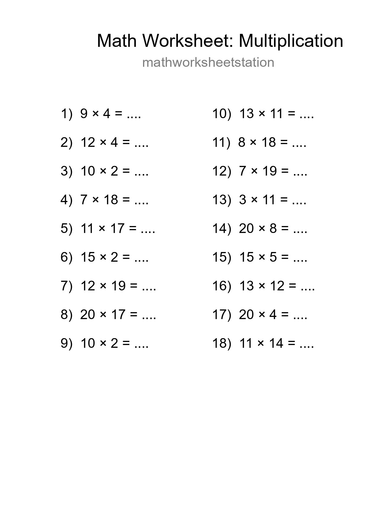 Printable Free 18 Multiplication Math Worksheet For Grade 2 - Part 157