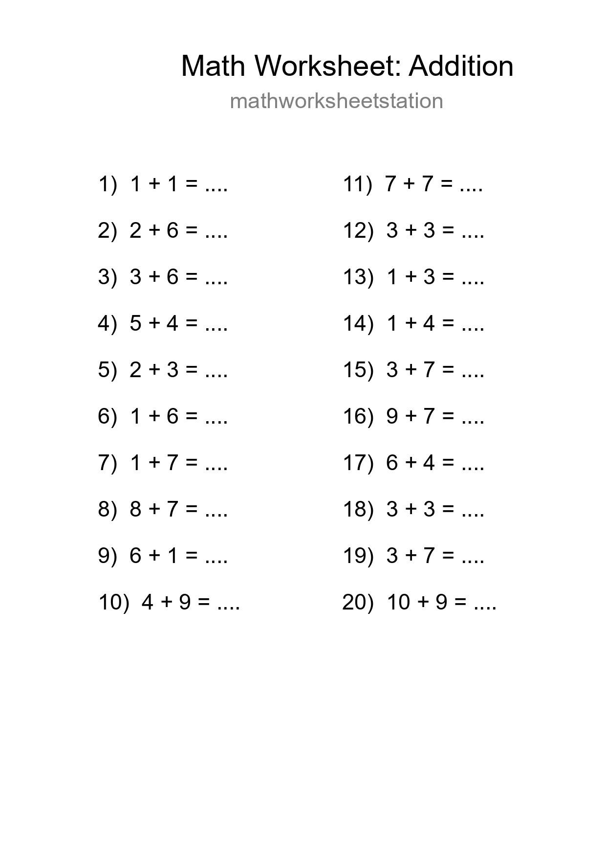 Printable Free 20 Addition Math Worksheet For Grade 1 - Part 91