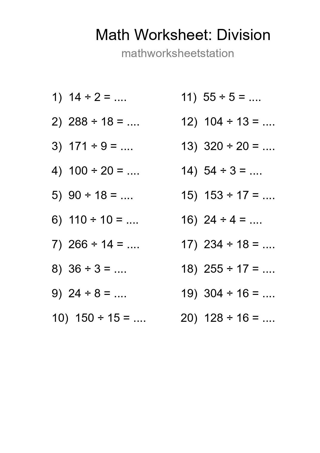 Printable Free 20 Division Math Worksheet For Grade 2 - Part 64