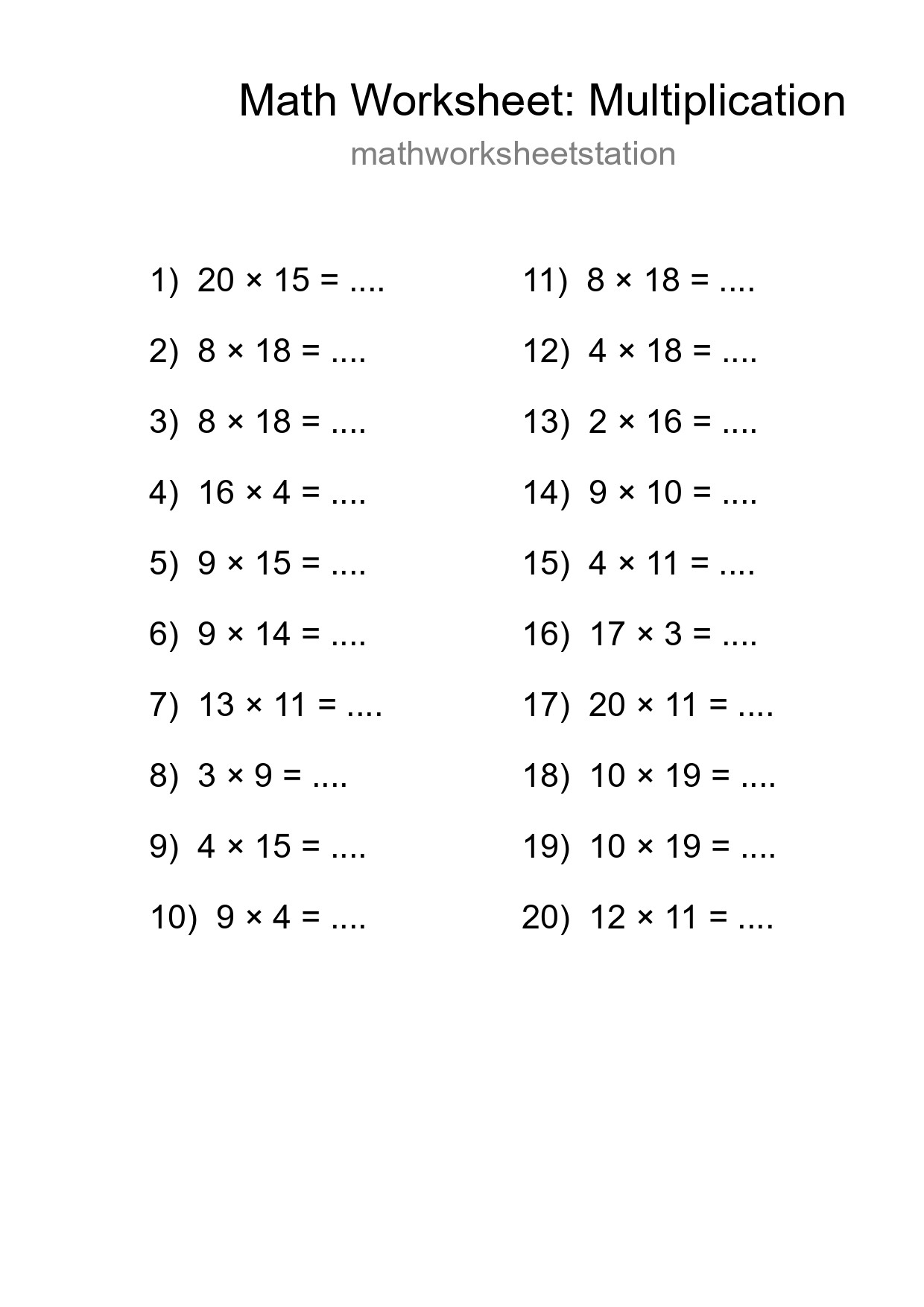 Printable Free 20 Multiplication Math Worksheet For Grade 2 - Part 177