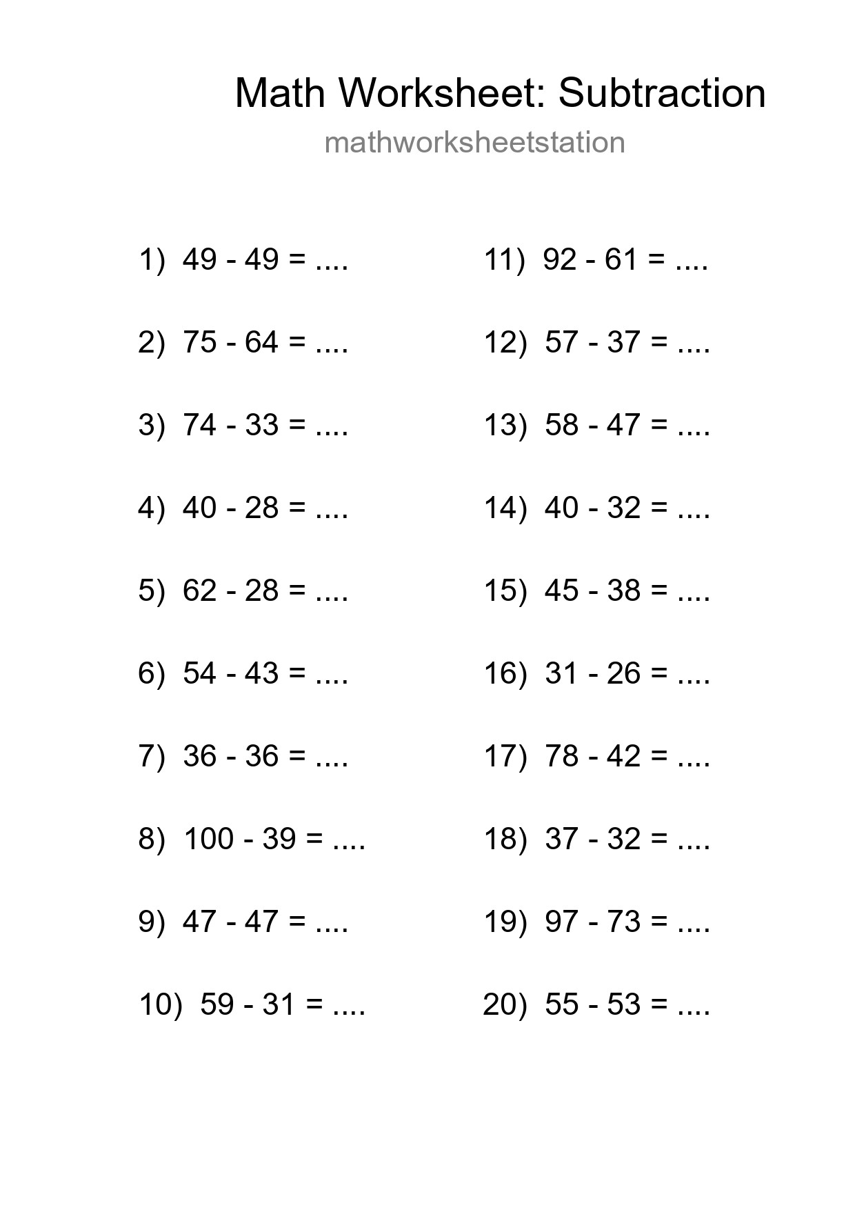 Printable Free 20 Subtraction Math Worksheet For Grade 3 - Part 258