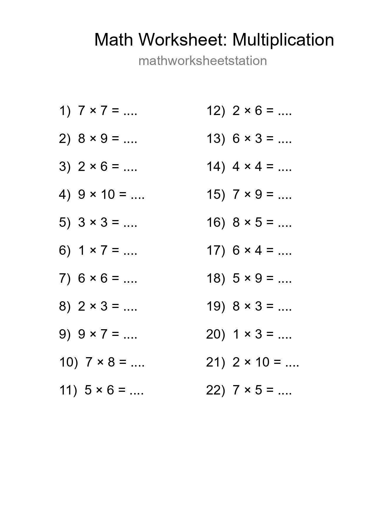 Printable Free 22 Multiplication Math Worksheet For Grade 1 - Part 67