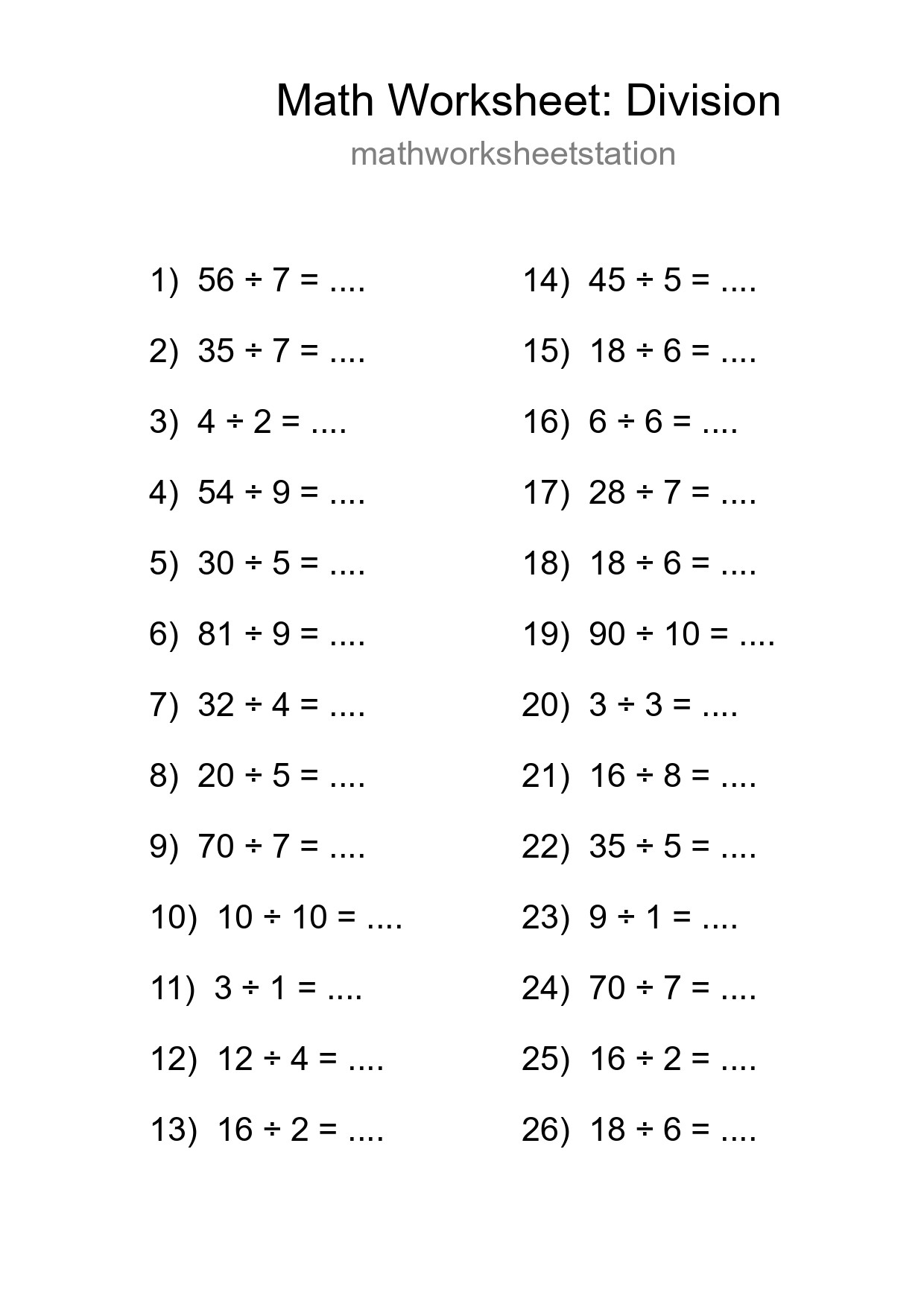 Printable Free 26 Division Math Worksheet For Grade 1 - Part 224