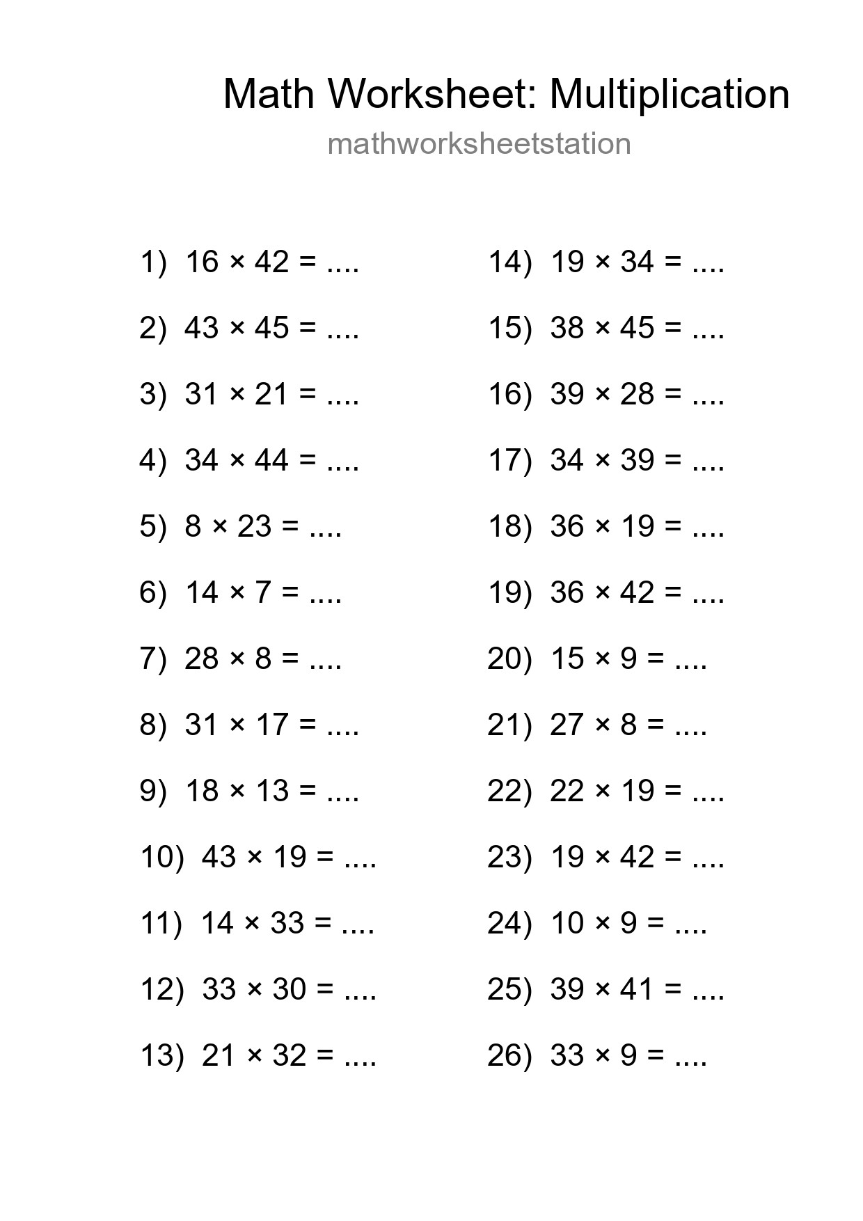 Printable Free 26 Multiplication Math Worksheet For Grade 2 - Part 107