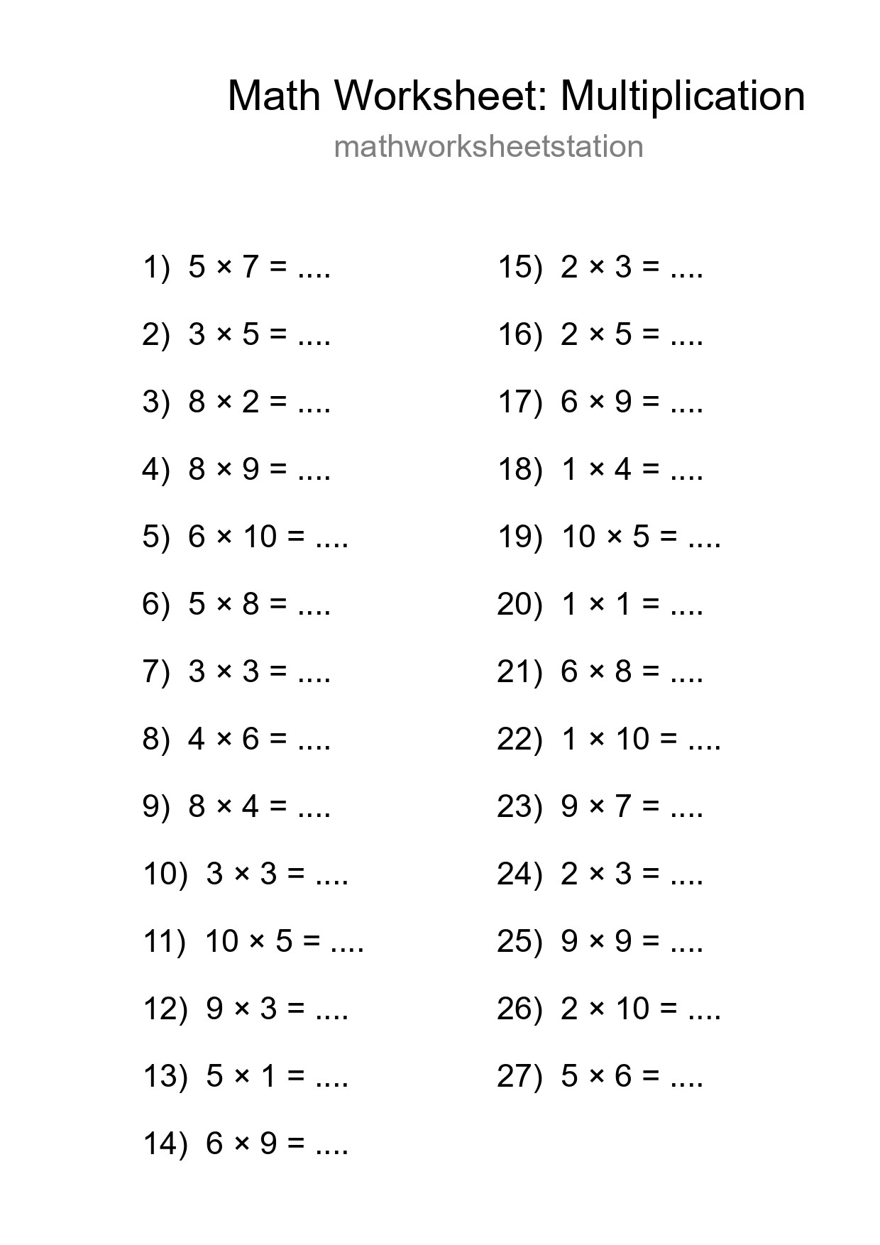Printable Free 27 Multiplication Math Worksheet For Grade 1 - Part 187