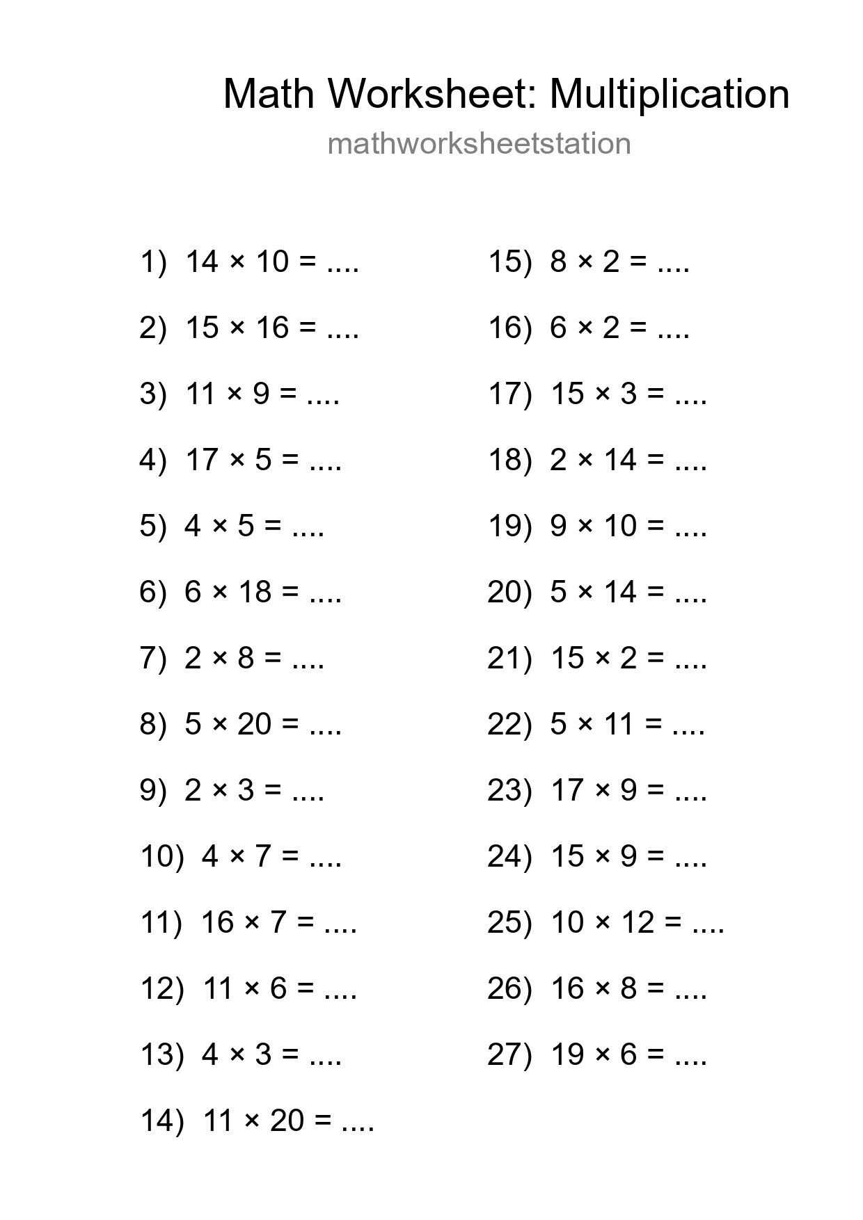 Printable Free 27 Multiplication Math Worksheet For Grade 2 - Part 127