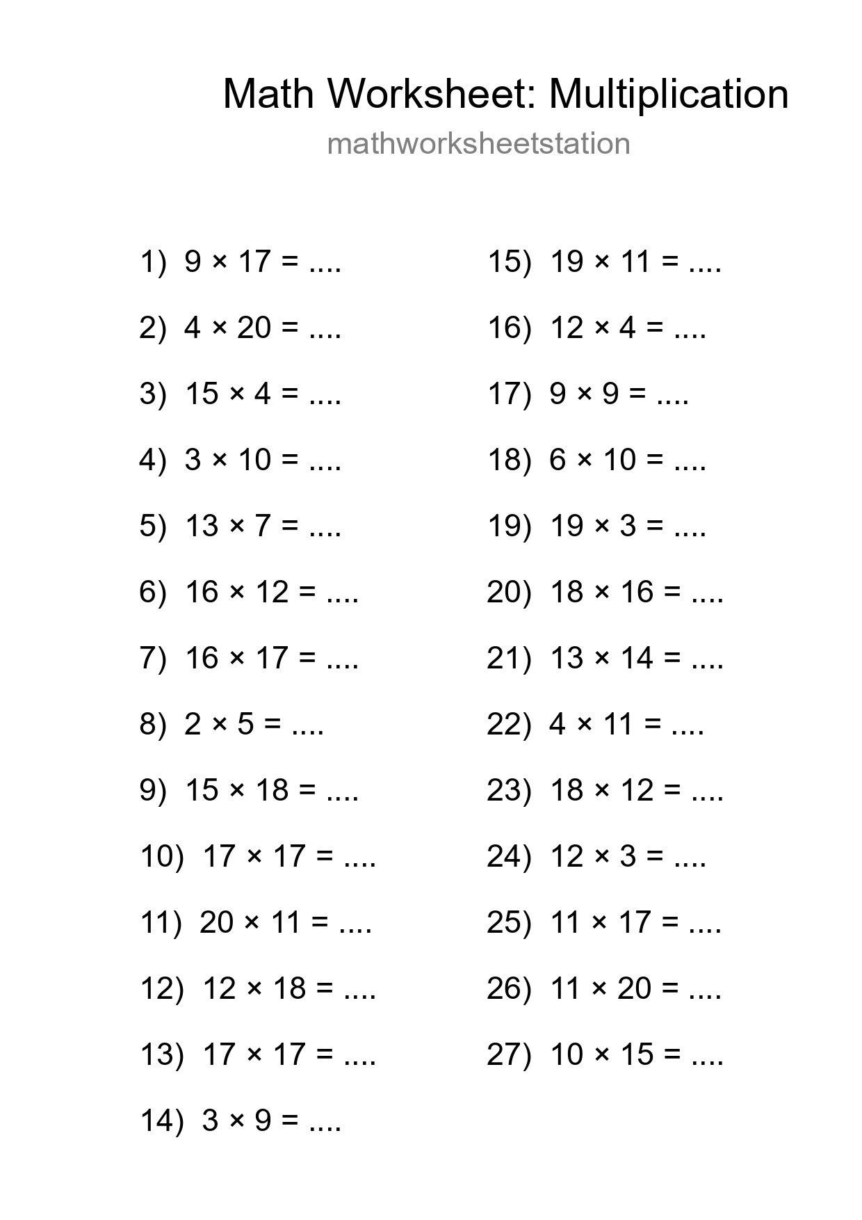 Printable Free 27 Multiplication Math Worksheet For Grade 2 - Part 167