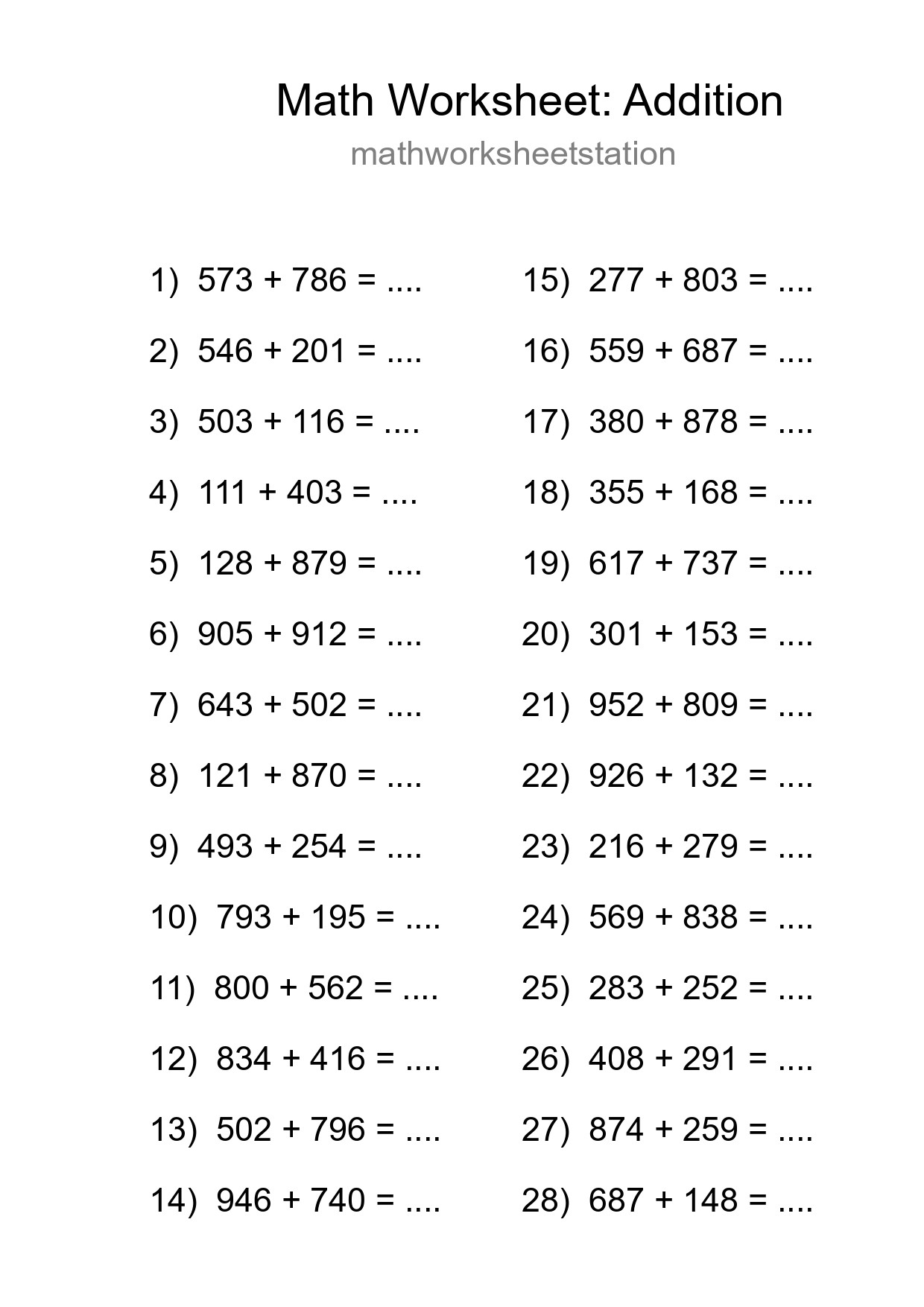 Printable Free 28 Addition Math Worksheet For Grade 5 - Part 151