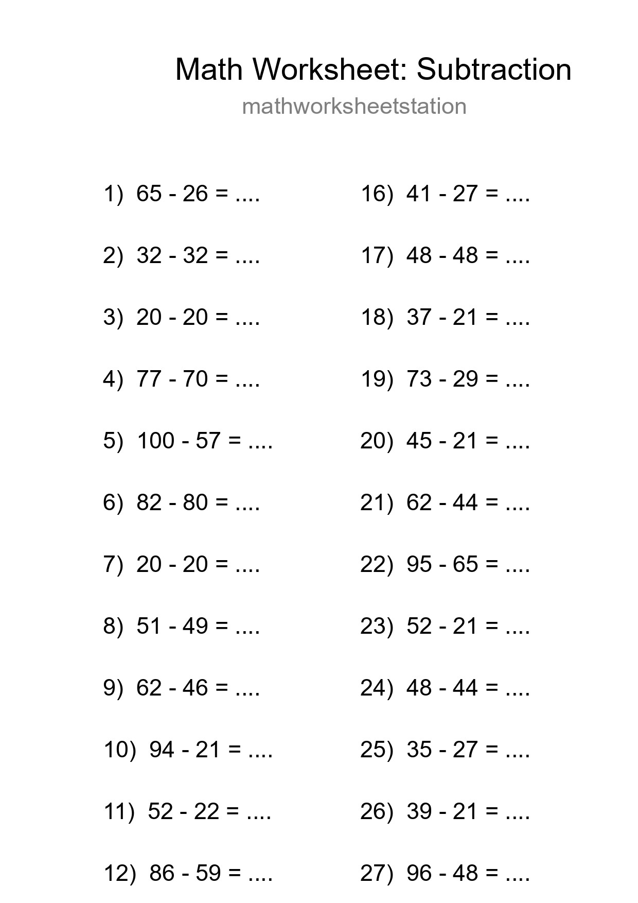 Printable Free 30 Subtraction Math Worksheet For Grade 3 - Part 288